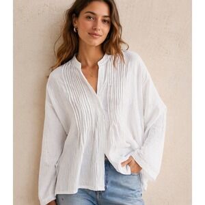 Anthropologie Lalavon White Cotton Gauze Pintuck Blouse Boho Tunic Top L Coastal